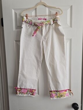 White Cotton Capris with Pink Floral Trim